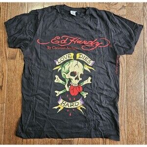 Ed Hardy T Shirt Mens Medium Skull Crossbones Love Dies Hard VTG Black Y2K